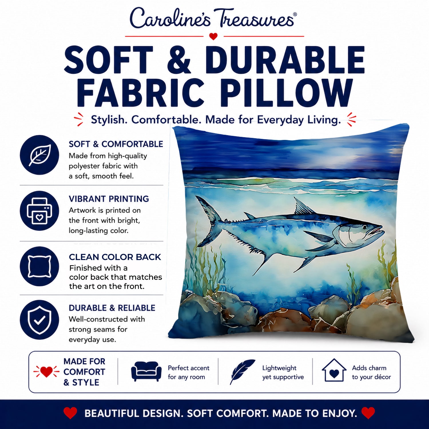 Bluefin Tuna Decorative Throw Pillow 14x14 Indoor Outdoor Accent Cushion, Fabric Cover with Insert for Sofa, Bed, Porch & Living Room