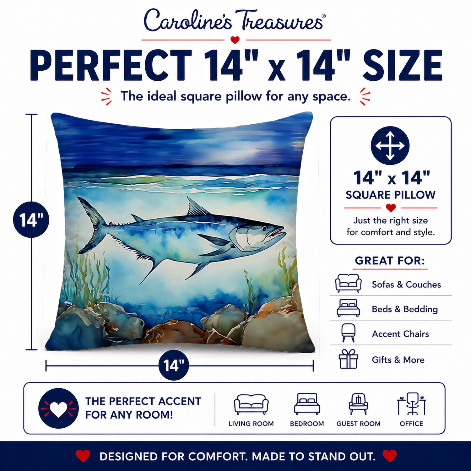 Bluefin Tuna Decorative Throw Pillow 14x14 Indoor Outdoor Accent Cushion, Fabric Cover with Insert for Sofa, Bed, Porch & Living Room