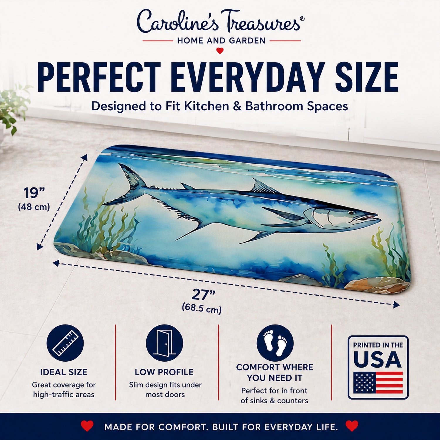 Bluefin Tuna Memory Foam Kitchen Mat Machine Washable Anti-Fatigue Cushion Comfort Bath or Kitchen Rug