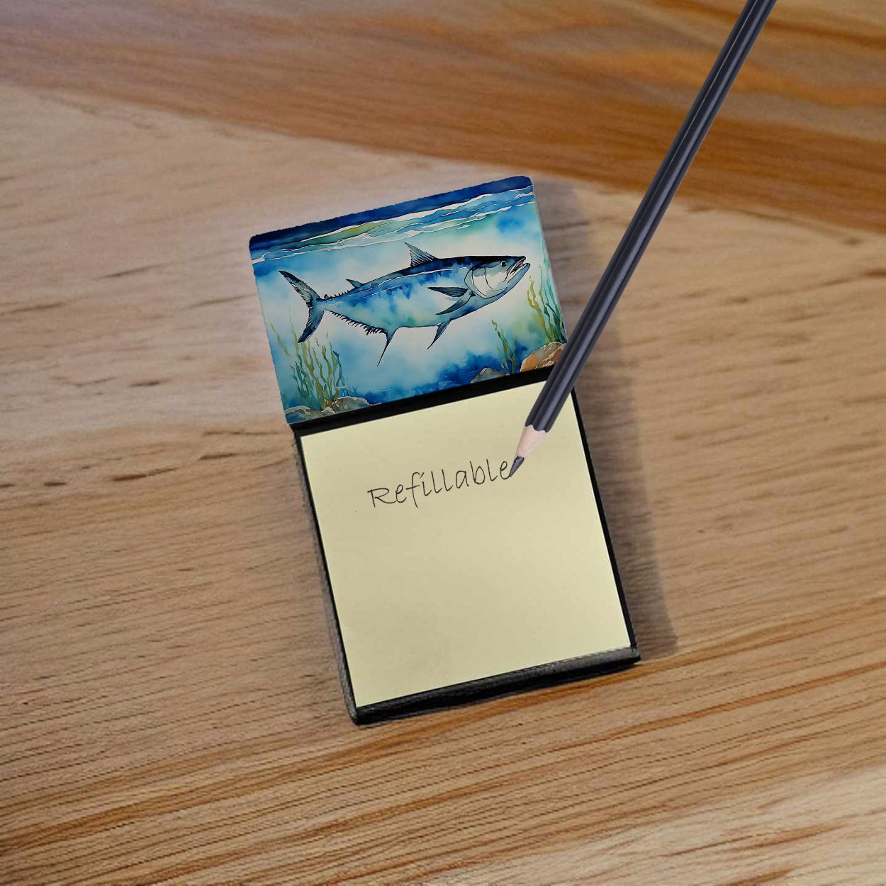Bluefin Tuna Watercolor Sticky Note Holder Refillable Dispenser Desk Accessory 3x3 Pad Gift