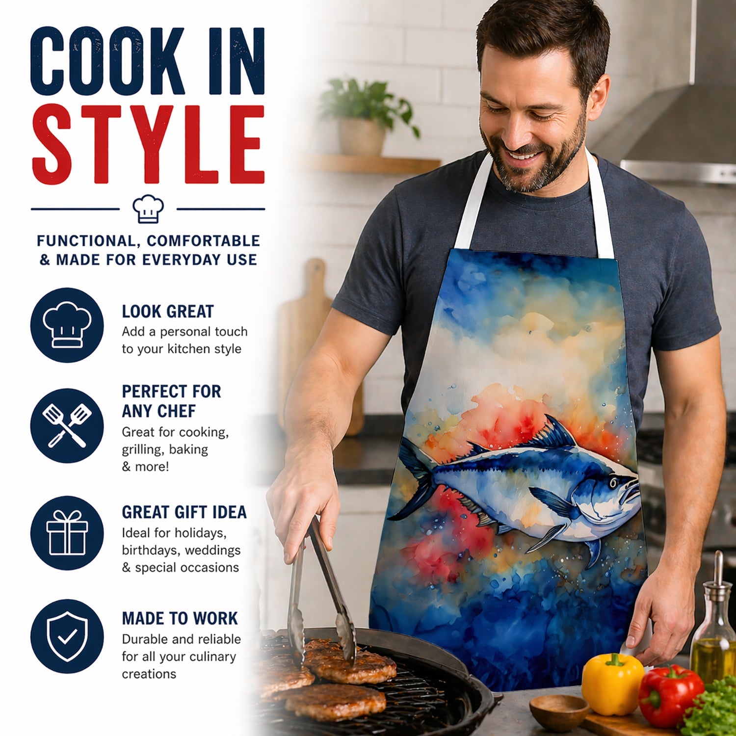 Bluefin Tuna Apron Cooking Kitchen Server Baking Crafts Gardening for Adult Women Men, Unisex, Large, Multicolor
