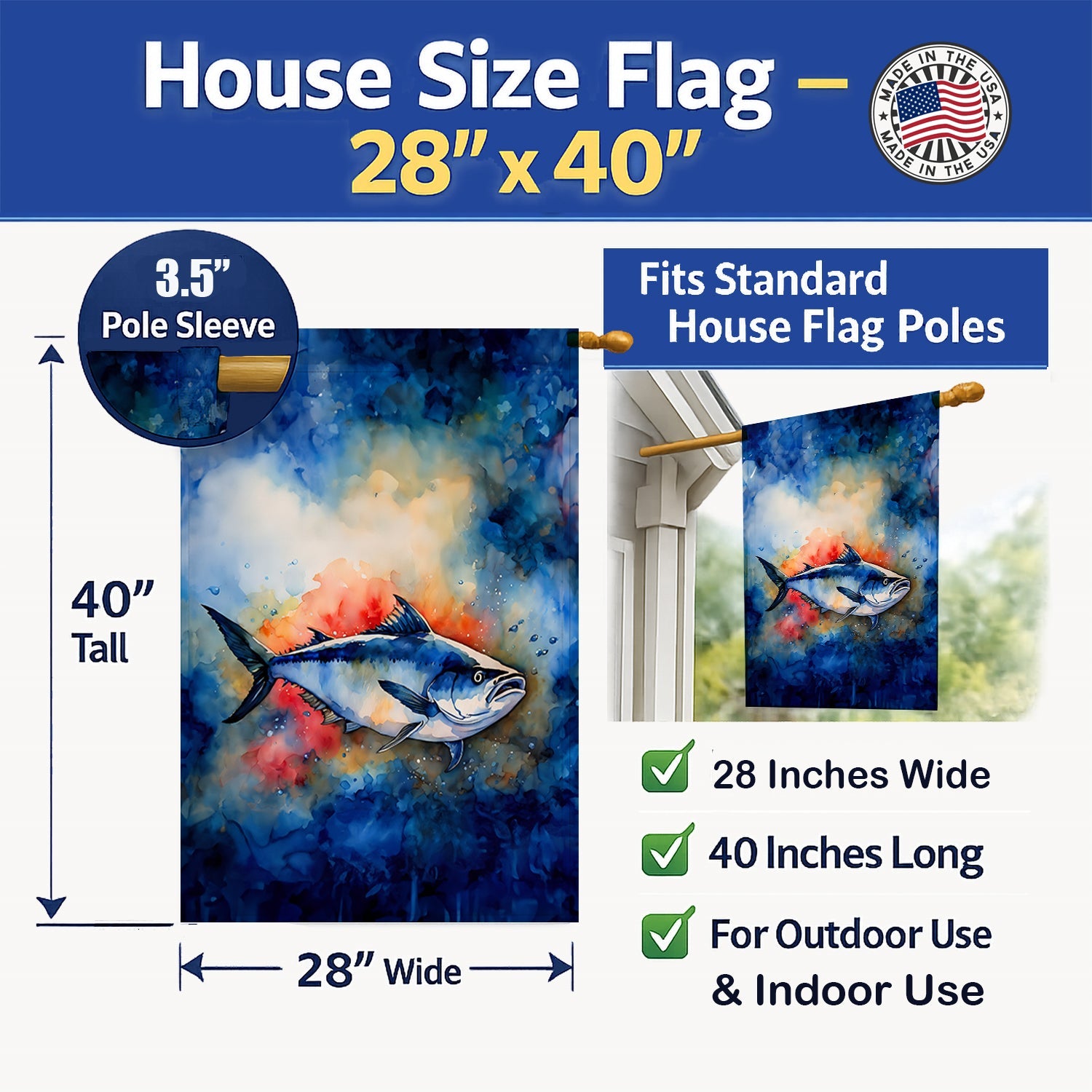 Bluefin Tuna House Flag 28x40 Porch Sleeve Pole Decorative Outside Yard Banner Artwork Wall Hanging, Polyester