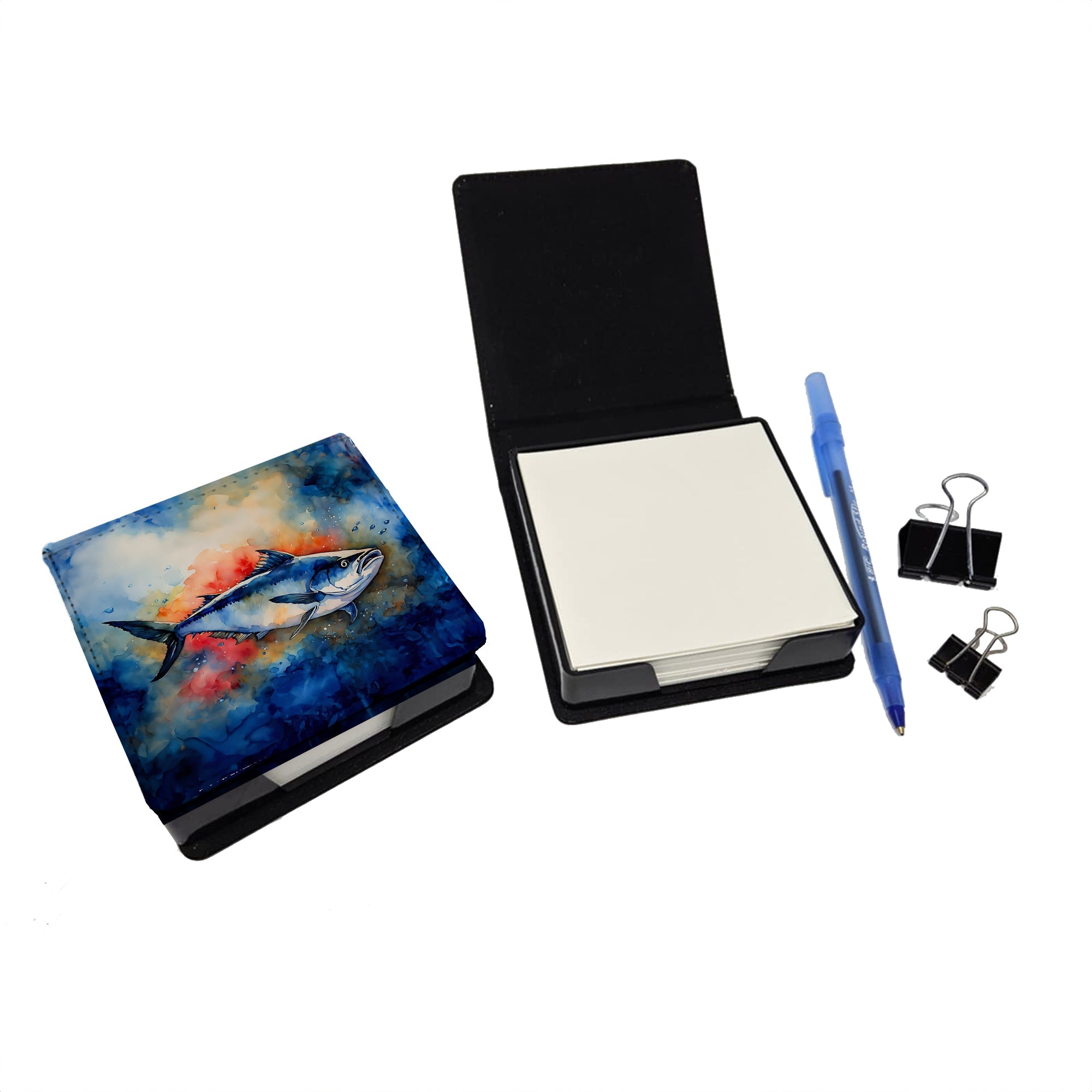 Bluefin Tuna PU Leather Note Paper Holder with Artist-Designed Cover, Desk Accessory, Office Gift