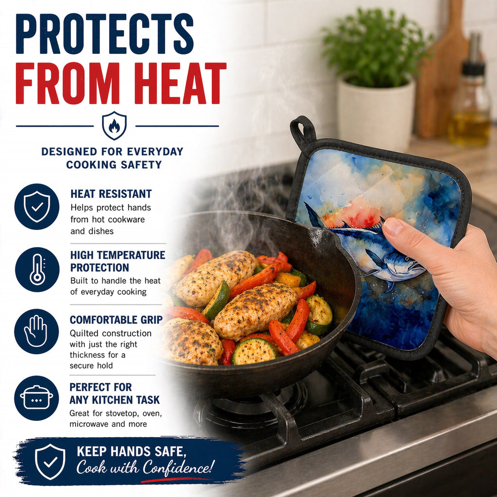 Bluefin Tuna Pot Holder Set of 2 Heat Resistant Quilted Hot Pads 7.5 x 7.5 Inch, Insulated Kitchen Trivets for Cooking & Baking