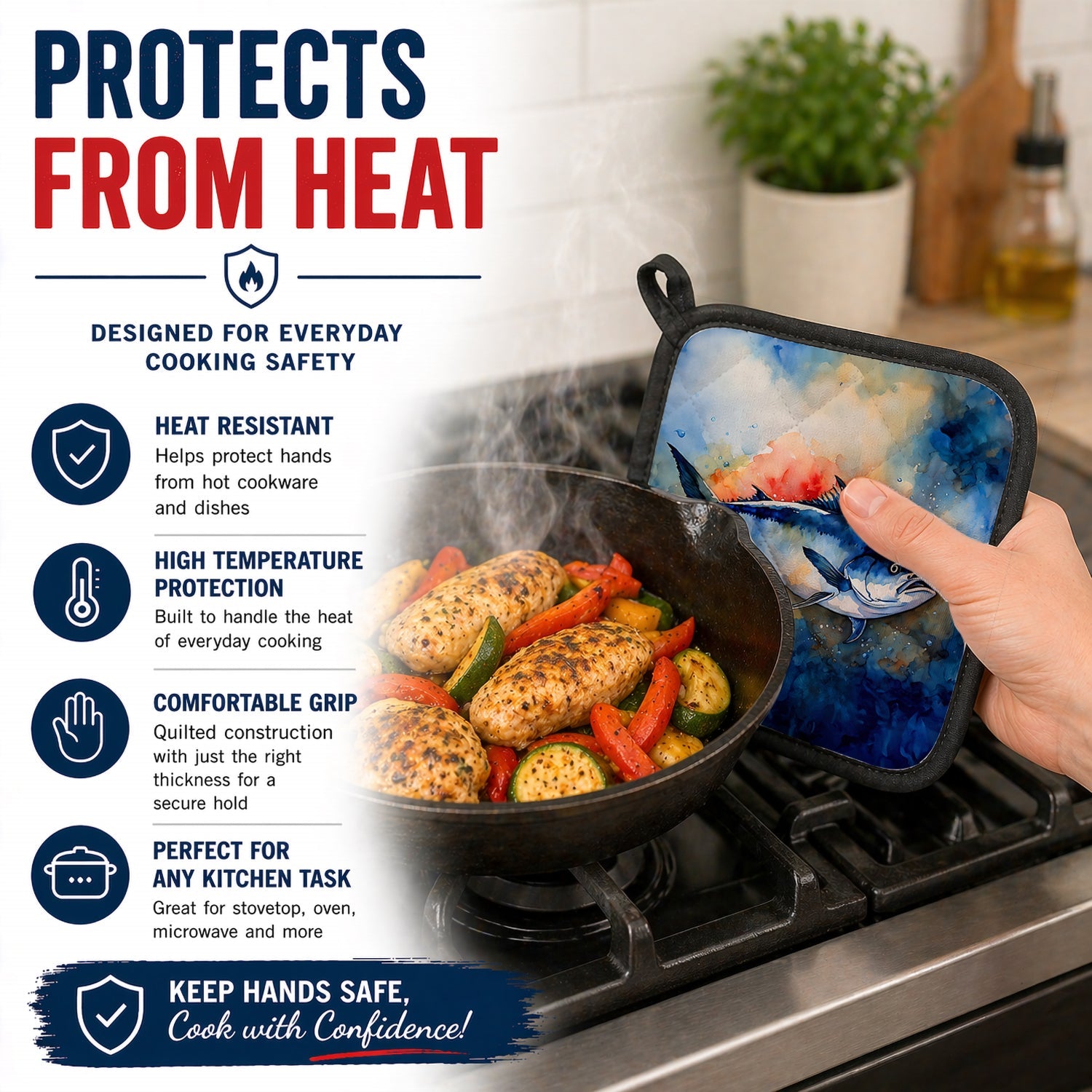 Bluefin Tuna Pot Holder Set of 2 Heat Resistant Quilted Hot Pads 7.5 x 7.5 Inch, Insulated Kitchen Trivets for Cooking & Baking