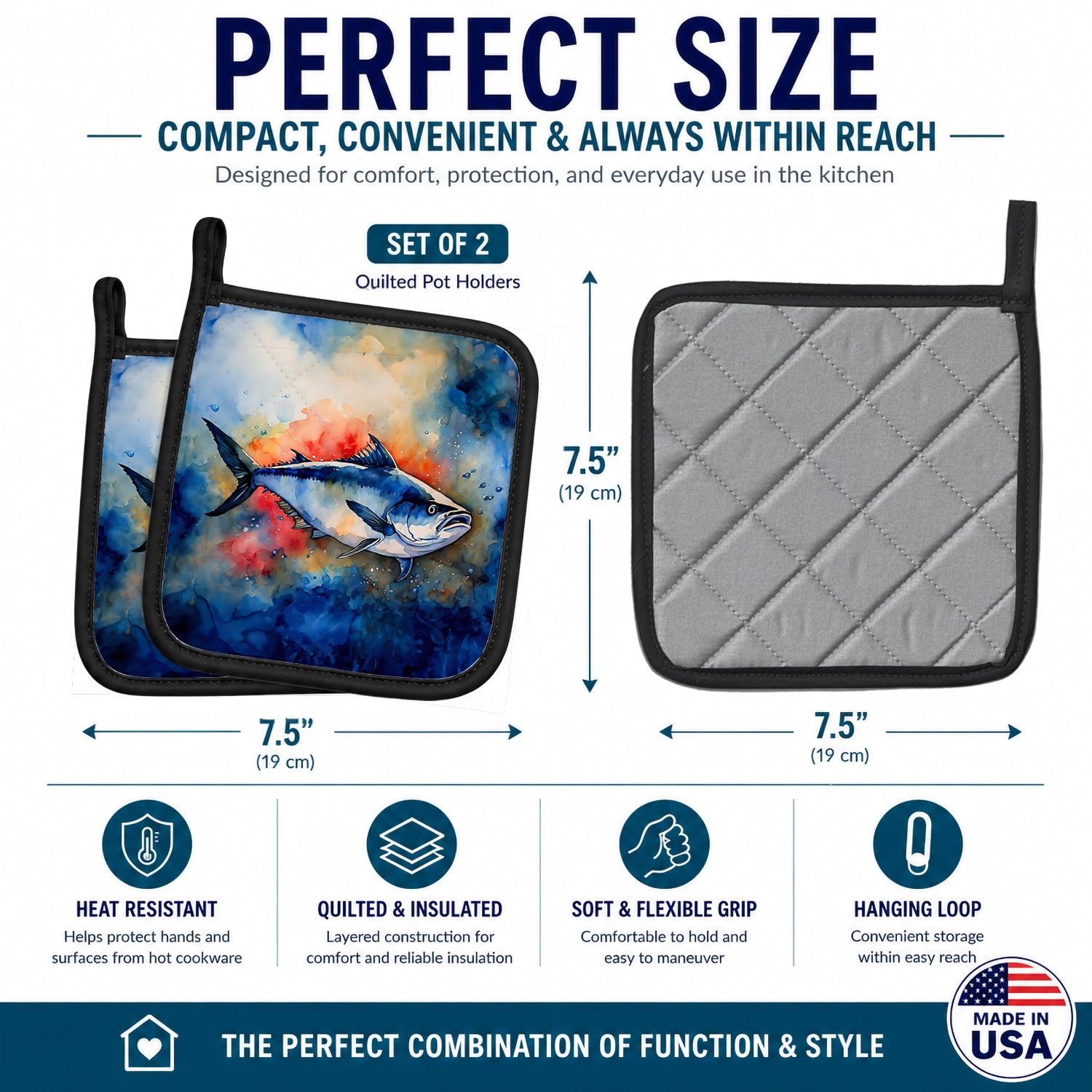 Bluefin Tuna Pot Holder Set of 2 Heat Resistant Quilted Hot Pads 7.5 x 7.5 Inch, Insulated Kitchen Trivets for Cooking & Baking