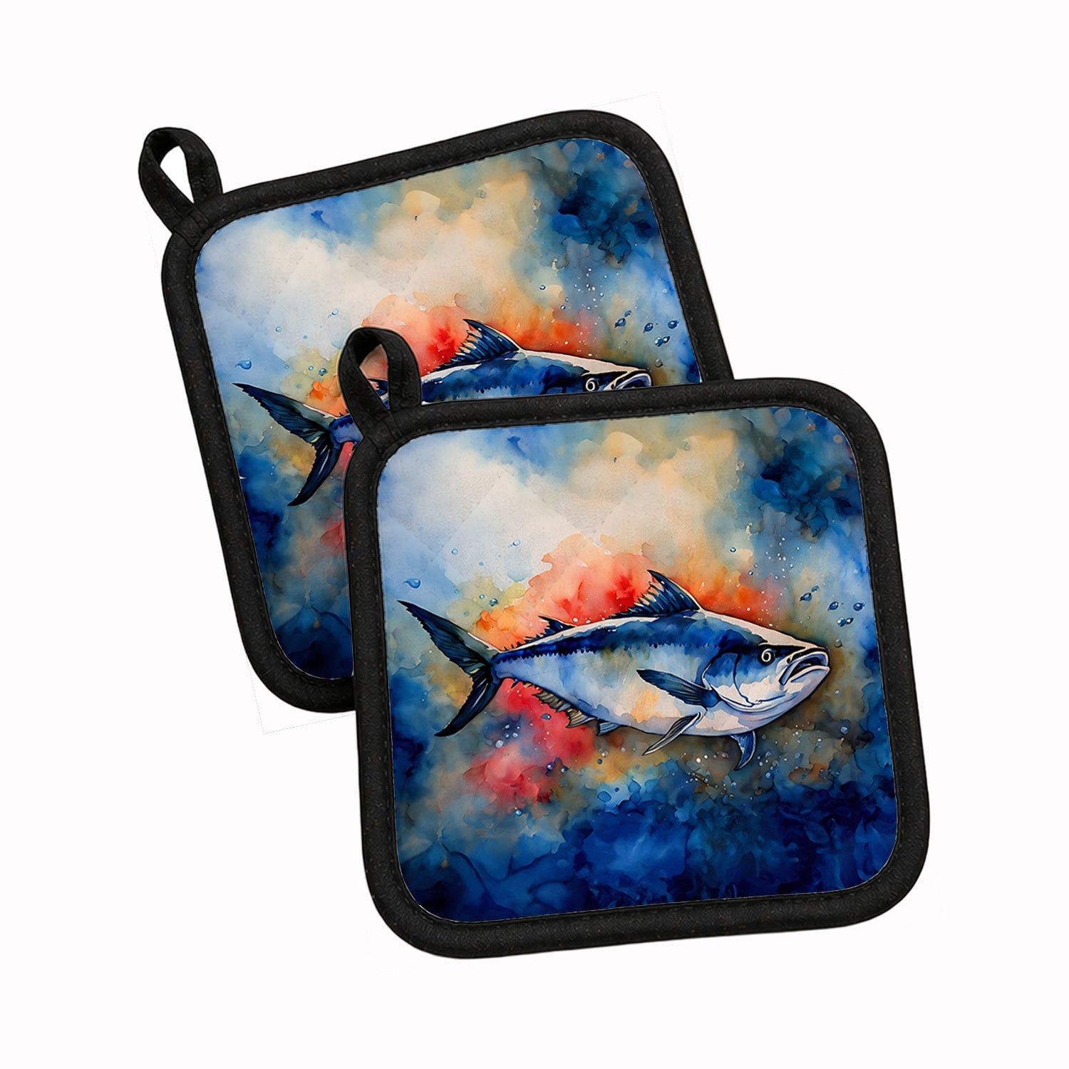 Bluefin Tuna Pot Holder Set of 2 Heat Resistant Quilted Hot Pads 7.5 x 7.5 Inch, Insulated Kitchen Trivets for Cooking & Baking