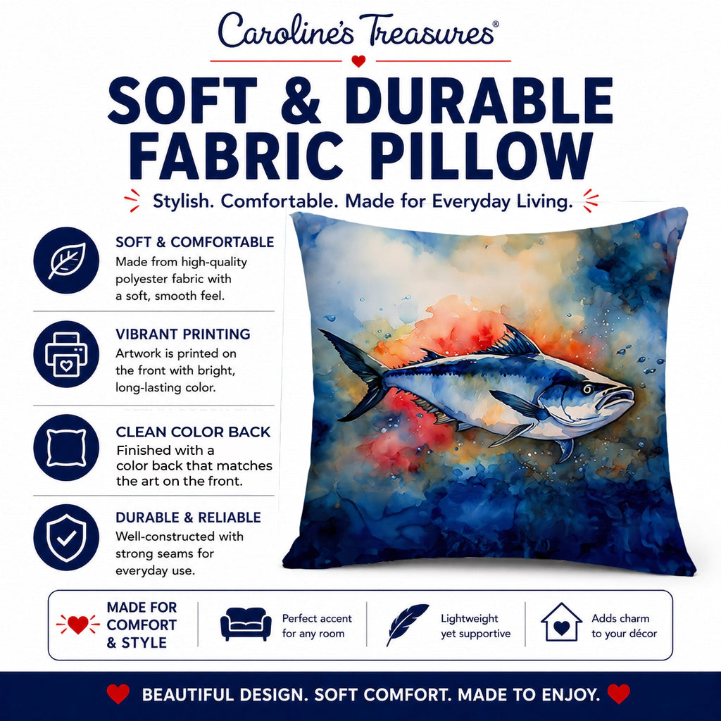 Bluefin Tuna Decorative Throw Pillow 14x14 Indoor Outdoor Accent Cushion, Fabric Cover with Insert for Sofa, Bed, Porch & Living Room