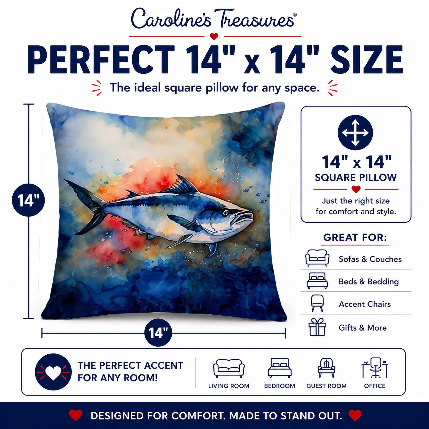 Bluefin Tuna Decorative Throw Pillow 14x14 Indoor Outdoor Accent Cushion, Fabric Cover with Insert for Sofa, Bed, Porch & Living Room