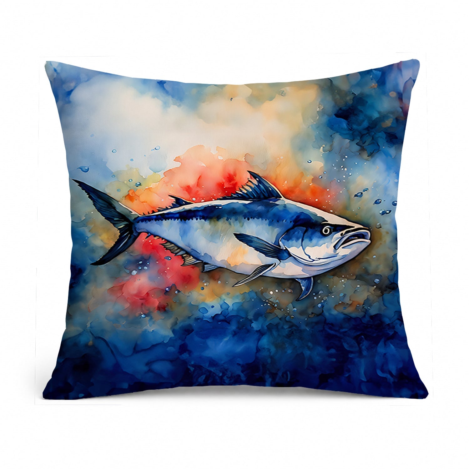 Bluefin Tuna Decorative Throw Pillow 14x14 Indoor Outdoor Accent Cushion, Fabric Cover with Insert for Sofa, Bed, Porch & Living Room