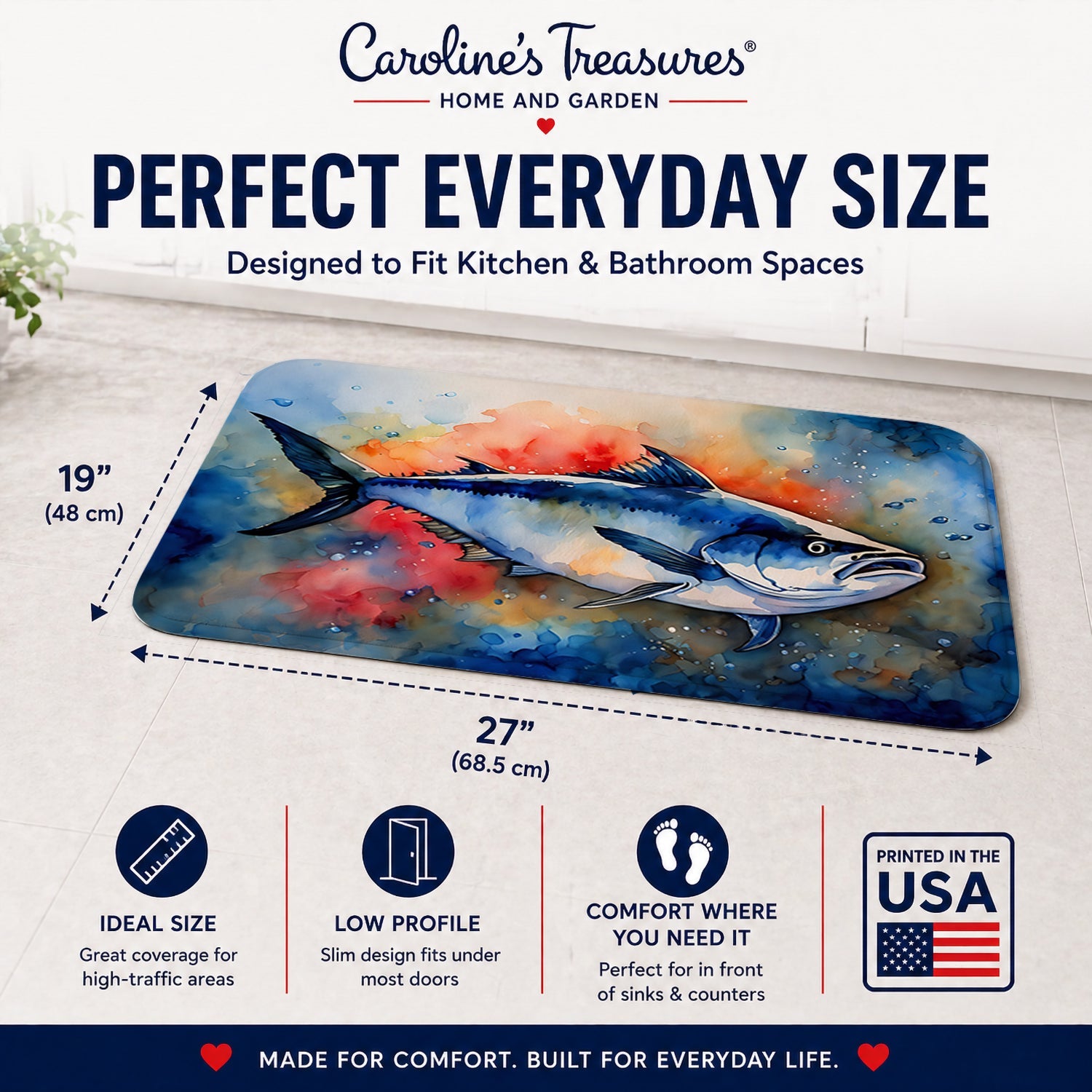 Bluefin Tuna Memory Foam Kitchen Mat Machine Washable Anti-Fatigue Cushion Comfort Bath or Kitchen Rug