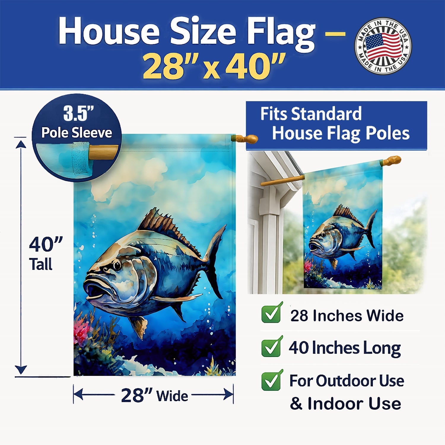 Bluefin Tuna House Flag 28x40 Porch Sleeve Pole Decorative Outside Yard Banner Artwork Wall Hanging, Polyester