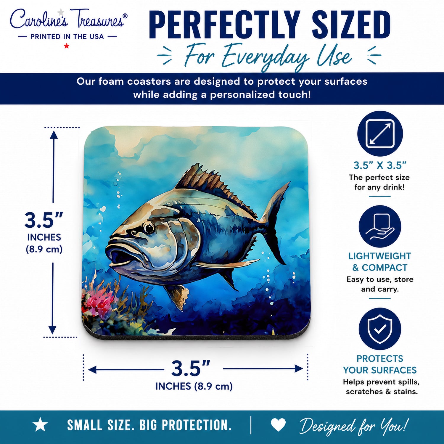 Bluefin Tuna Foam Coasters Set of 4 Cup Coasters for Indoor Outdoor, Tabletop Protection, Anti Slip, Mouse pad Material