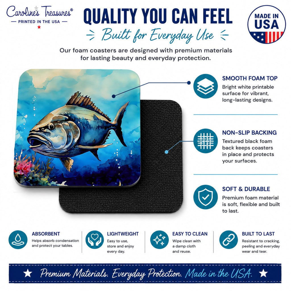 Bluefin Tuna Foam Coasters Set of 4 Cup Coasters for Indoor Outdoor, Tabletop Protection, Anti Slip, Mouse pad Material