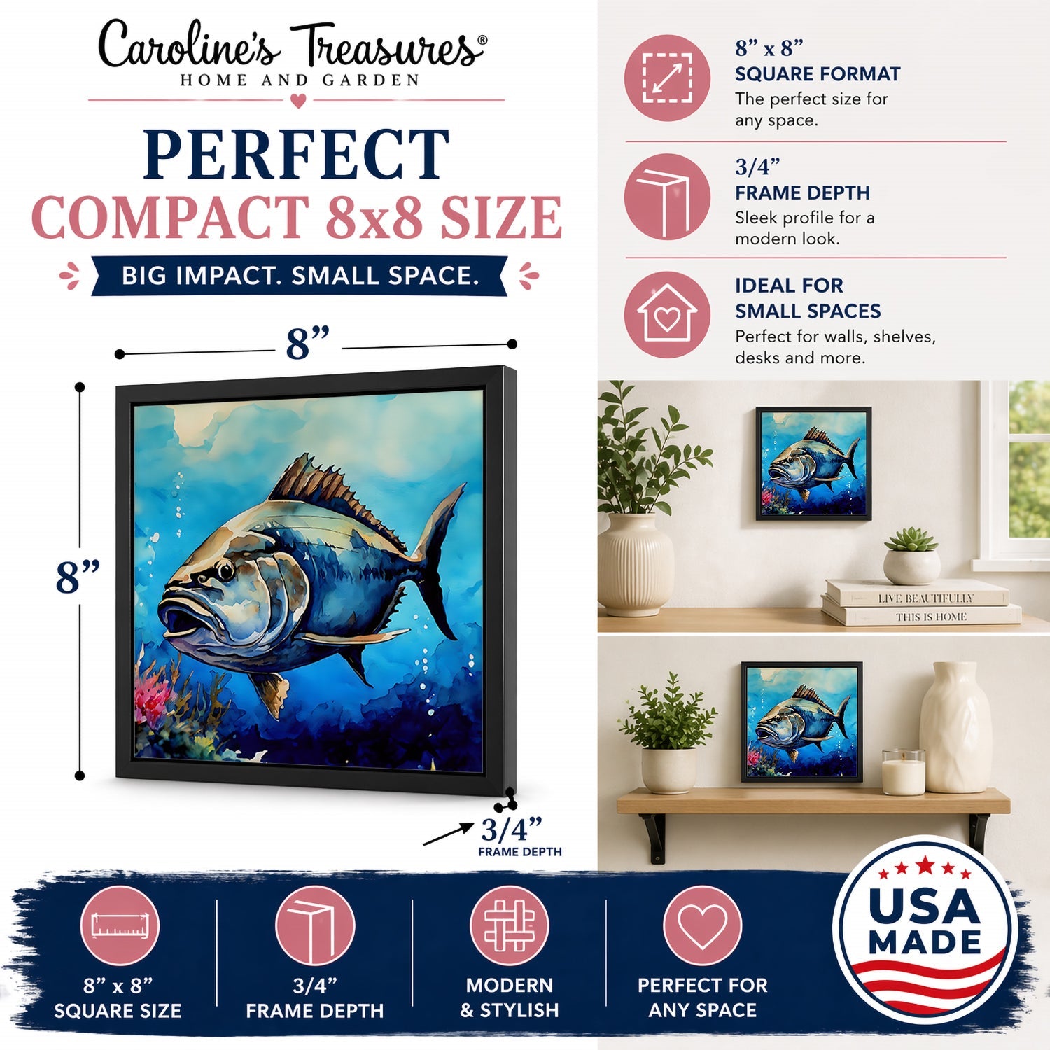 Bluefin Tuna Framed Metal Print Bathroom, Kitchen, Office, Home Decor Wall Art Ready to Hang, Square, 8X8