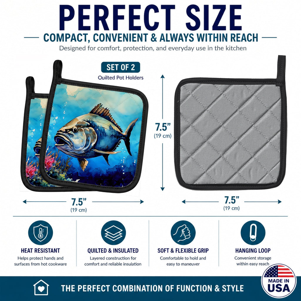 Bluefin Tuna Pot Holder Set of 2 Heat Resistant Quilted Hot Pads 7.5 x 7.5 Inch, Insulated Kitchen Trivets for Cooking & Baking