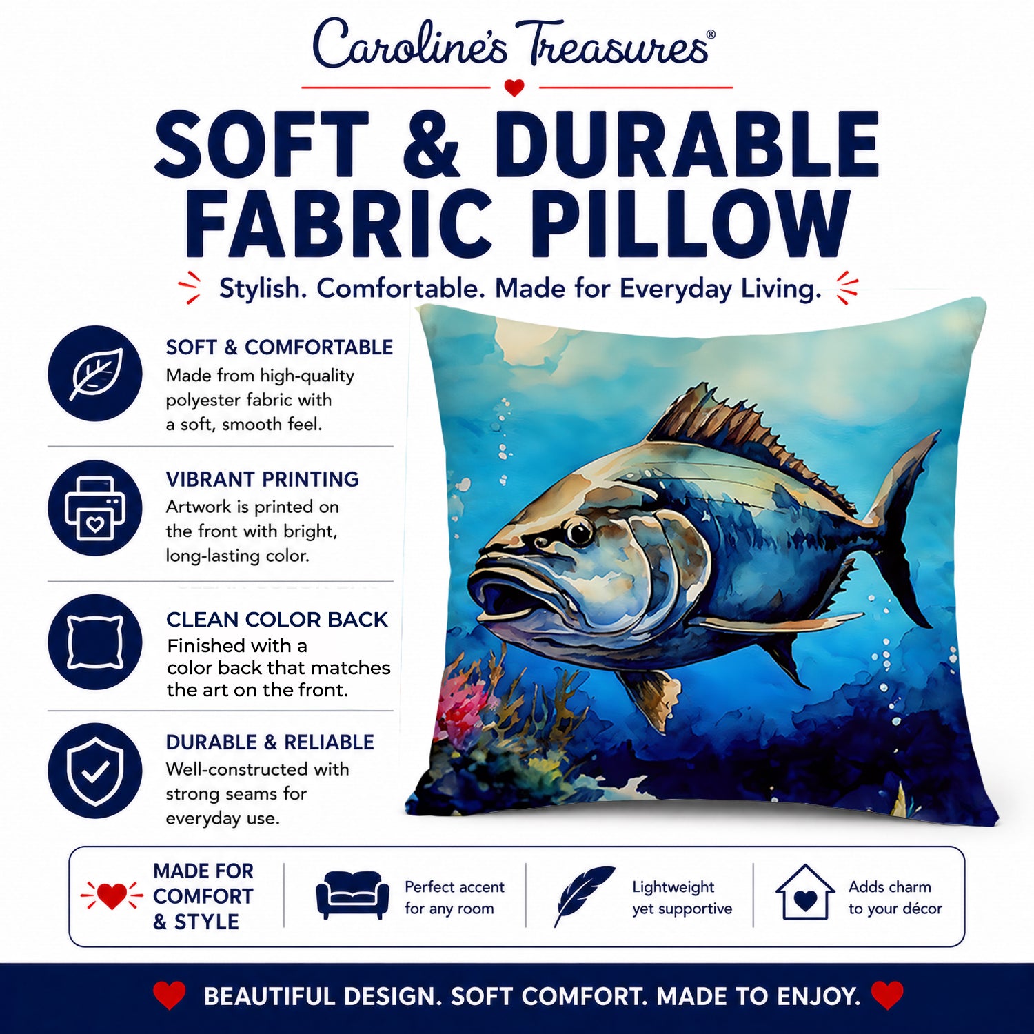 Bluefin Tuna Decorative Throw Pillow 14x14 Indoor Outdoor Accent Cushion, Fabric Cover with Insert for Sofa, Bed, Porch & Living Room