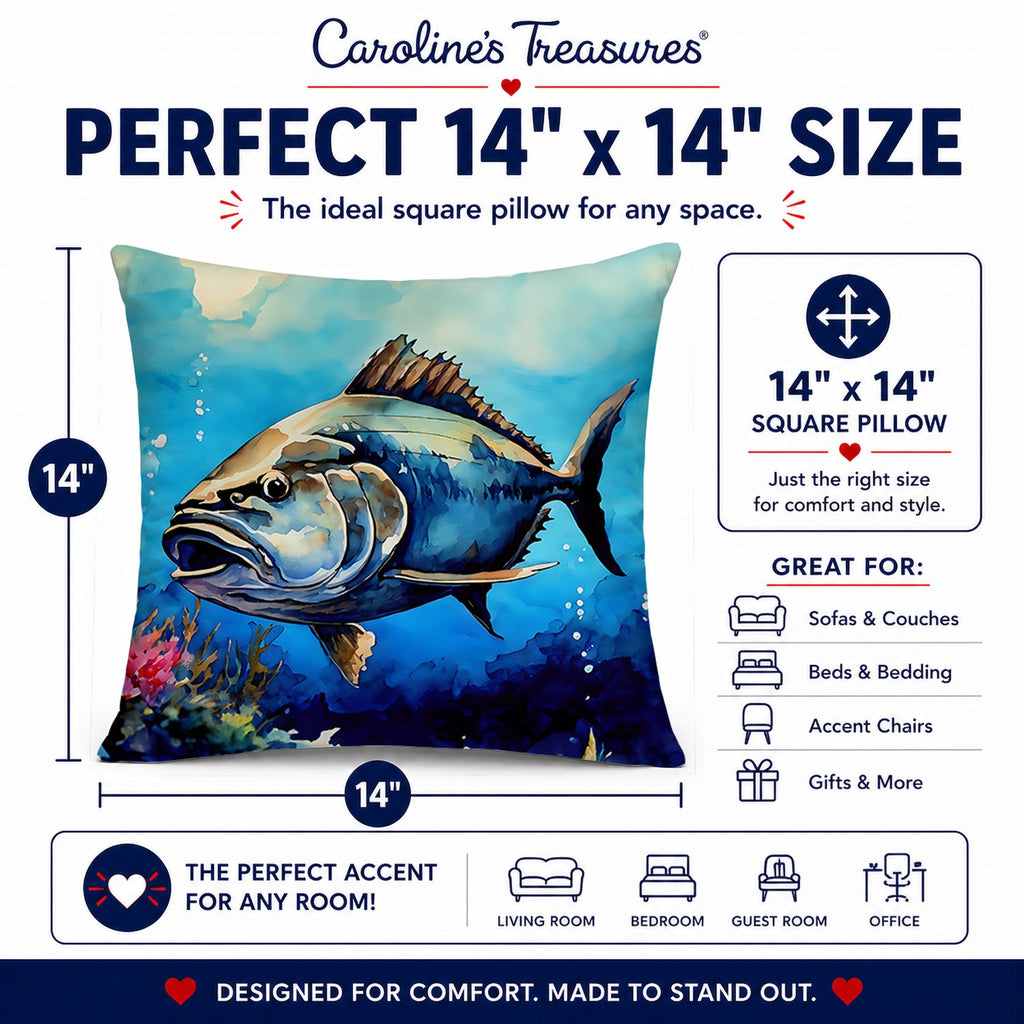 Bluefin Tuna Decorative Throw Pillow 14x14 Indoor Outdoor Accent Cushion, Fabric Cover with Insert for Sofa, Bed, Porch & Living Room