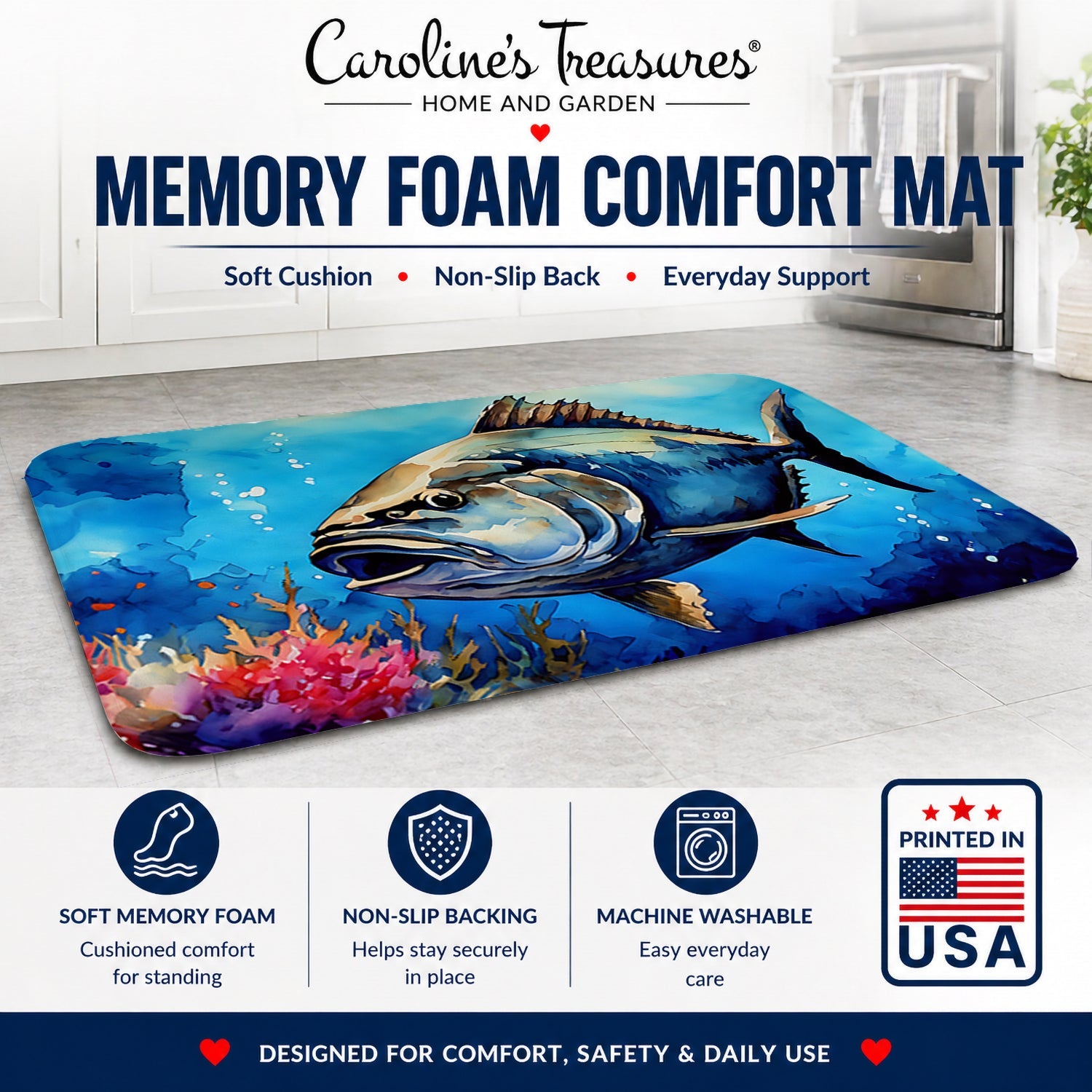 Bluefin Tuna Memory Foam Kitchen Mat Machine Washable Anti-Fatigue Cushion Comfort Bath or Kitchen Rug