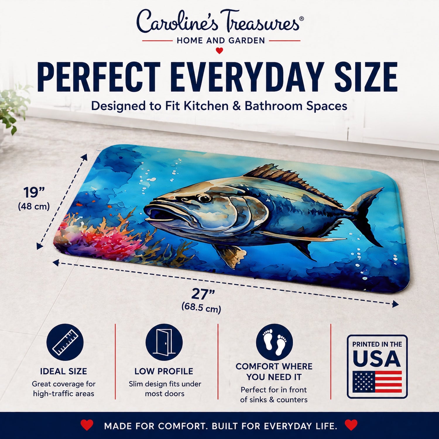 Bluefin Tuna Memory Foam Kitchen Mat Machine Washable Anti-Fatigue Cushion Comfort Bath or Kitchen Rug