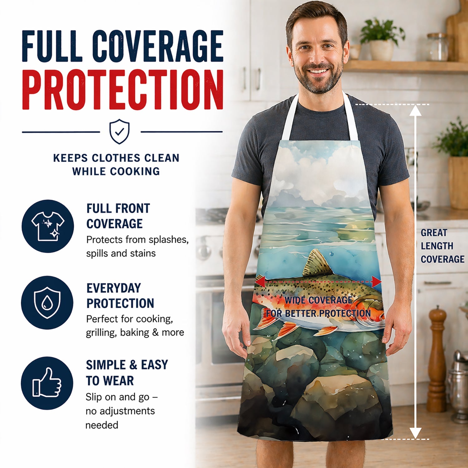 Brook Trout Apron Cooking Kitchen Server Baking Crafts Gardening for Adult Women Men, Unisex, Large, Multicolor