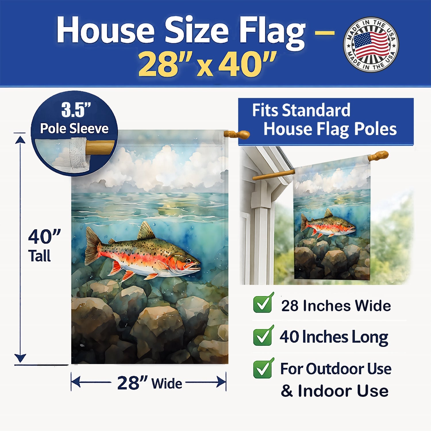 Brook Trout House Flag 28x40 Porch Sleeve Pole Decorative Outside Yard Banner Artwork Wall Hanging, Polyester