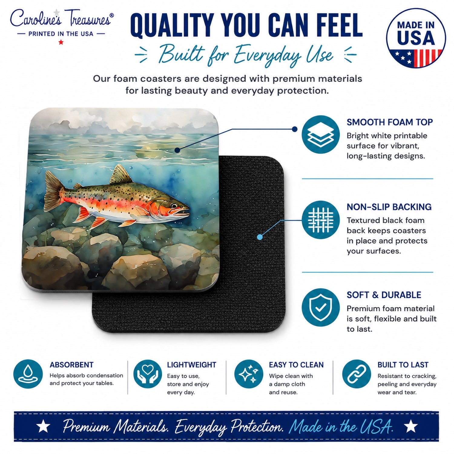 Brook Trout Foam Coasters Set of 4 Cup Coasters for Indoor Outdoor, Tabletop Protection, Anti Slip, Mouse pad Material