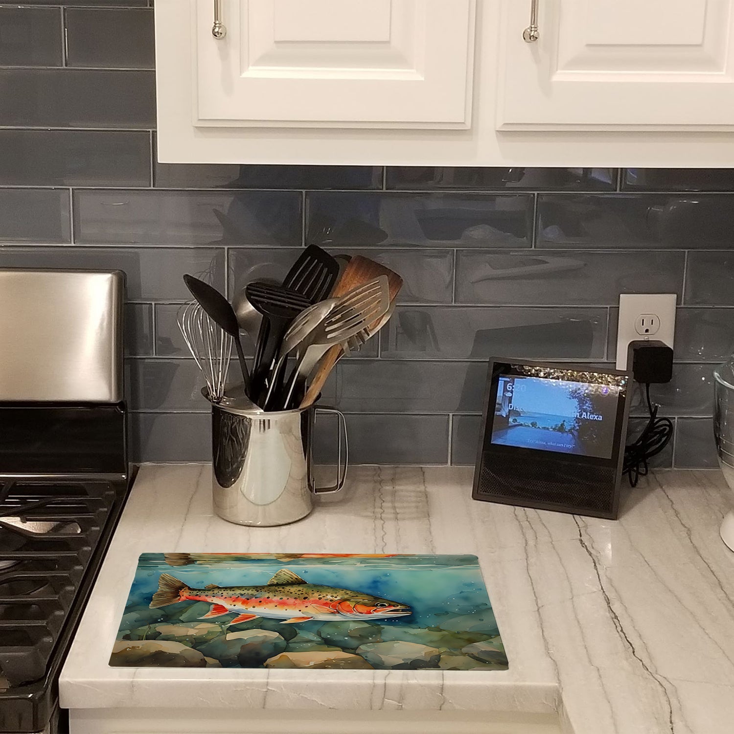 Brook Trout Cutting Board Tempered Glass Kitchen Cutting Surface, Heat Resistant Chopping, Non-Slip Feet, Food Prep & Serving