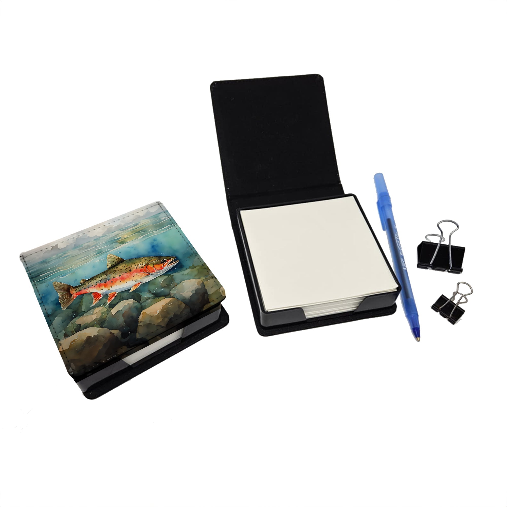 Brook Trout PU Leather Note Paper Holder with Artist-Designed Cover, Desk Accessory, Office Gift