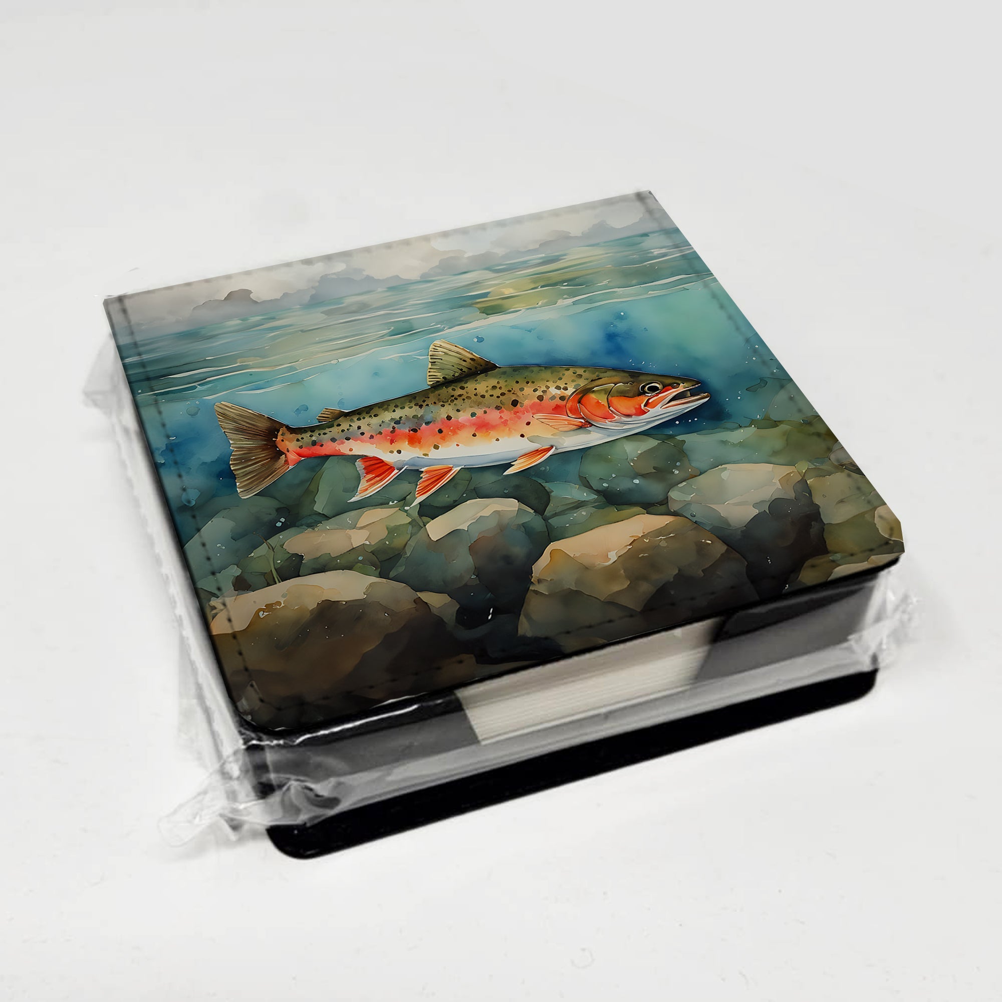 Brook Trout PU Leather Note Paper Holder with Artist-Designed Cover, Desk Accessory, Office Gift