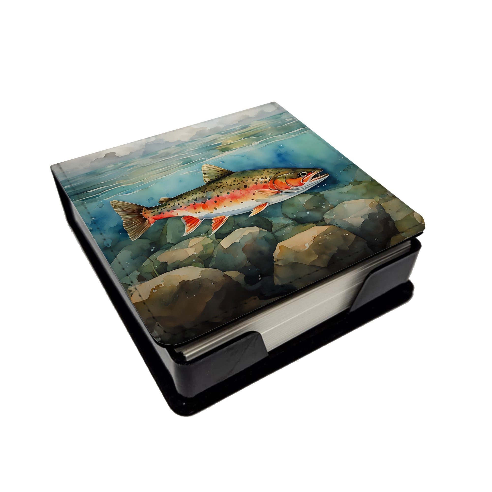 Brook Trout PU Leather Note Paper Holder with Artist-Designed Cover, Desk Accessory, Office Gift