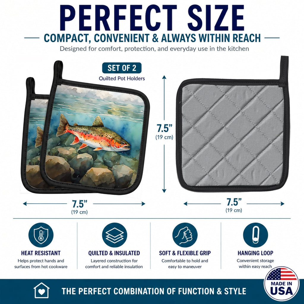 Brook Trout Pot Holder Set of 2 Heat Resistant Quilted Hot Pads 7.5 x 7.5 Inch, Insulated Kitchen Trivets for Cooking & Baking
