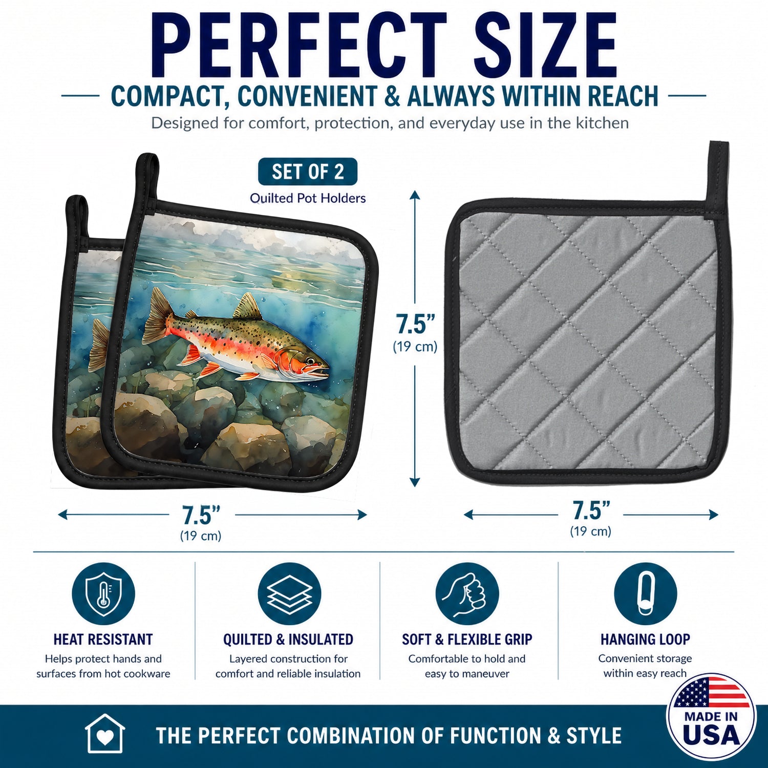 Brook Trout Pot Holder Set of 2 Heat Resistant Quilted Hot Pads 7.5 x 7.5 Inch, Insulated Kitchen Trivets for Cooking & Baking