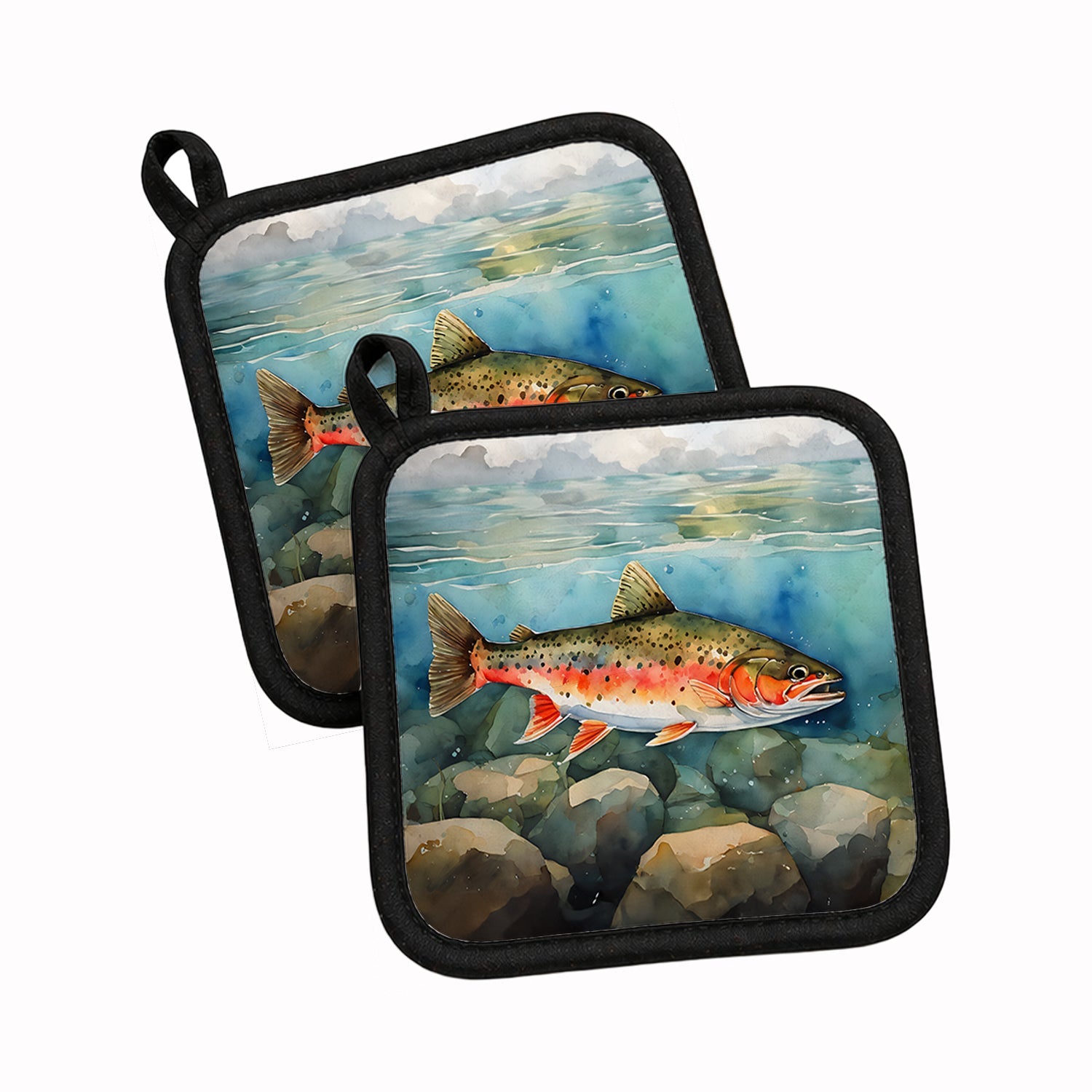 Brook Trout Pot Holder Set of 2 Heat Resistant Quilted Hot Pads 7.5 x 7.5 Inch, Insulated Kitchen Trivets for Cooking & Baking