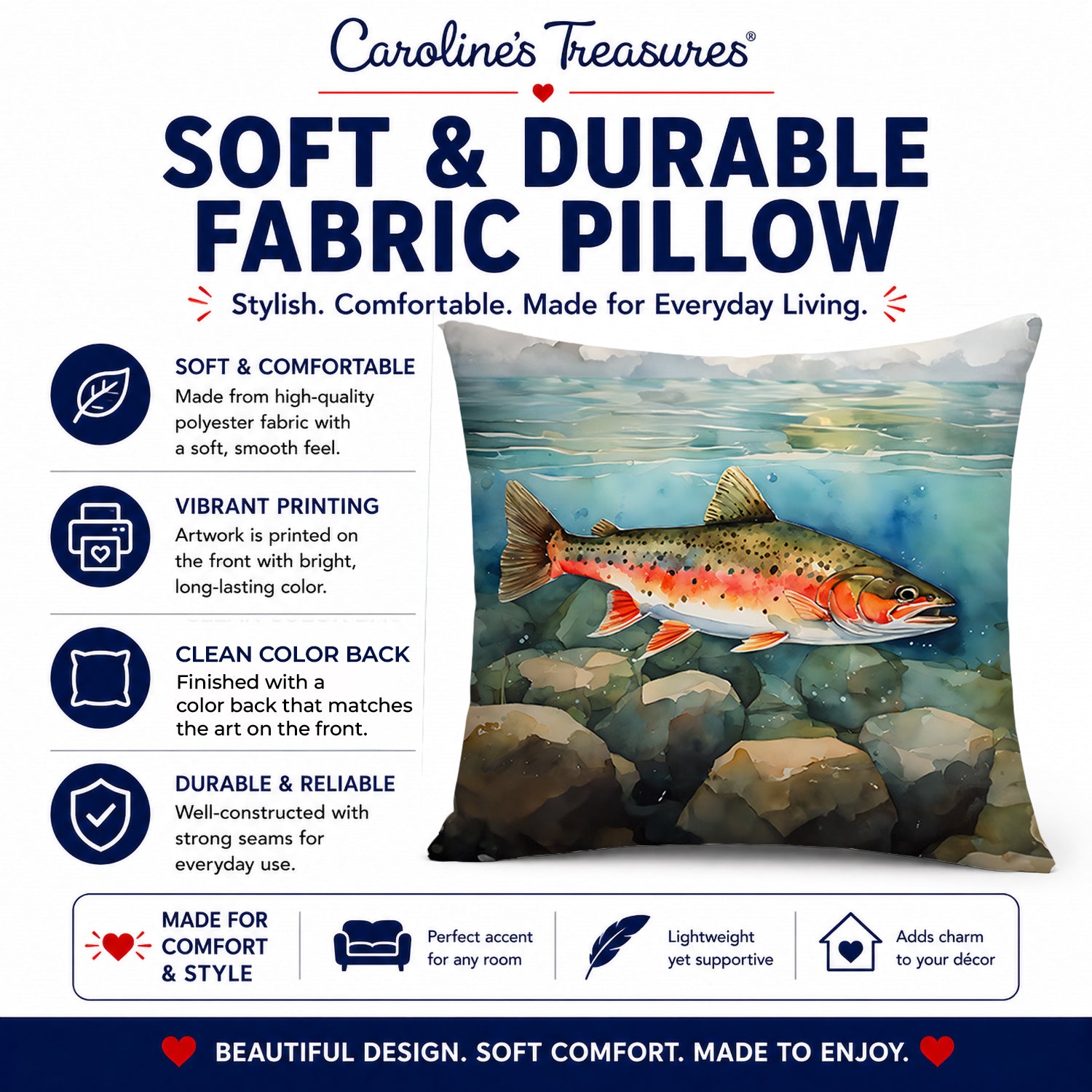 Brook Trout Decorative Throw Pillow 14x14 Indoor Outdoor Accent Cushion, Fabric Cover with Insert for Sofa, Bed, Porch & Living Room