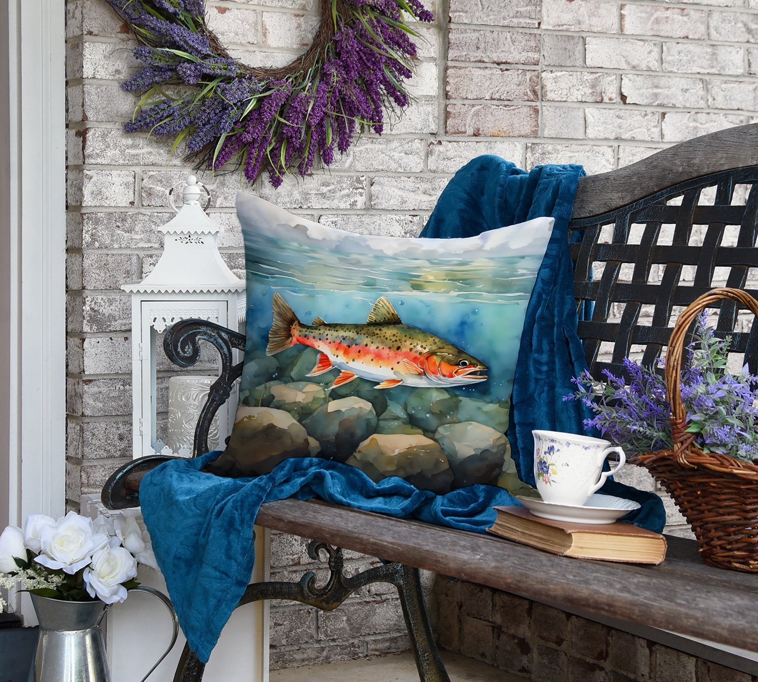Brook Trout Decorative Throw Pillow 18x18 Indoor Outdoor Accent Cushion, Fabric Cover with Insert for Sofa, Bed, Porch & Living Room