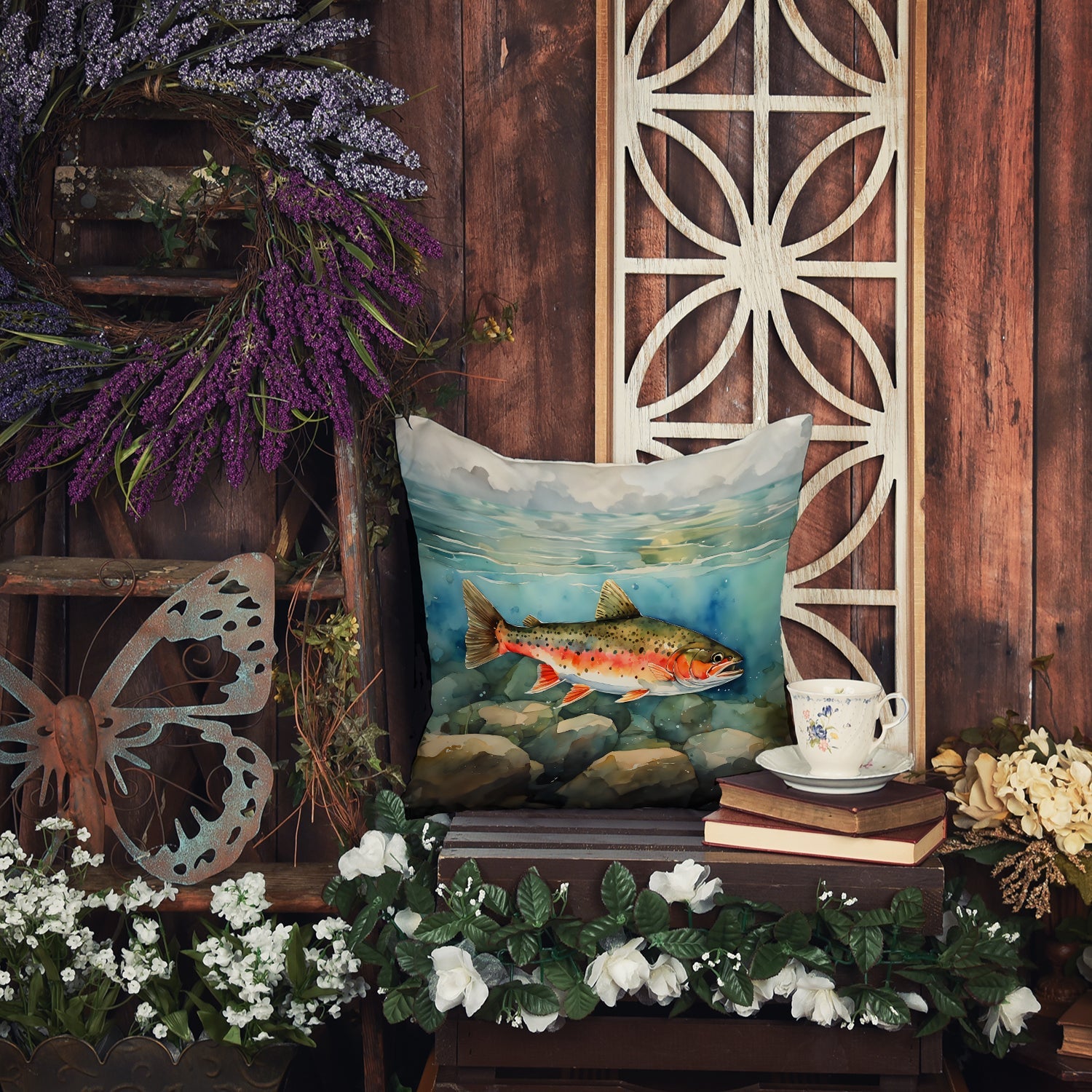 Brook Trout Decorative Throw Pillow 18x18 Indoor Outdoor Accent Cushion, Fabric Cover with Insert for Sofa, Bed, Porch & Living Room