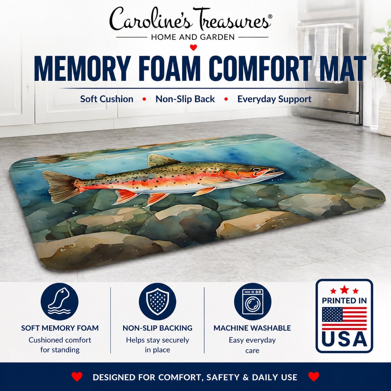 Brook Trout Memory Foam Kitchen Mat Machine Washable Anti-Fatigue Cushion Comfort Bath or Kitchen Rug