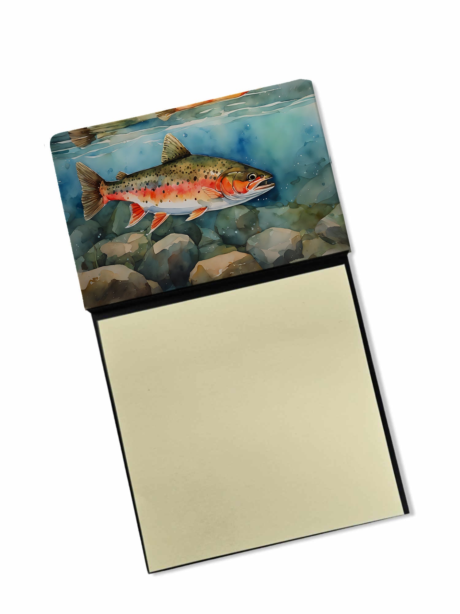 Brook Trout Watercolor Sticky Note Holder Refillable Dispenser Desk Accessory 3x3 Pad Gift