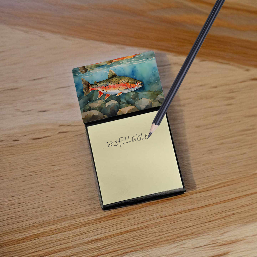 Brook Trout Watercolor Sticky Note Holder Refillable Dispenser Desk Accessory 3x3 Pad Gift