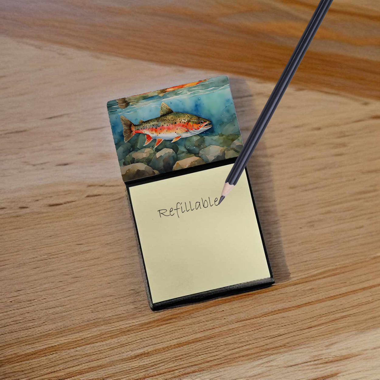 Brook Trout Watercolor Sticky Note Holder Refillable Dispenser Desk Accessory 3x3 Pad Gift