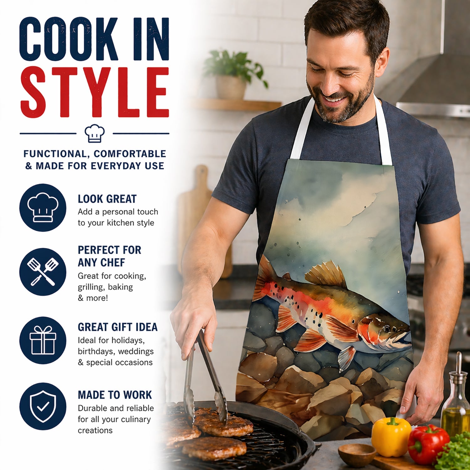 Brook Trout Apron Cooking Kitchen Server Baking Crafts Gardening for Adult Women Men, Unisex, Large, Multicolor