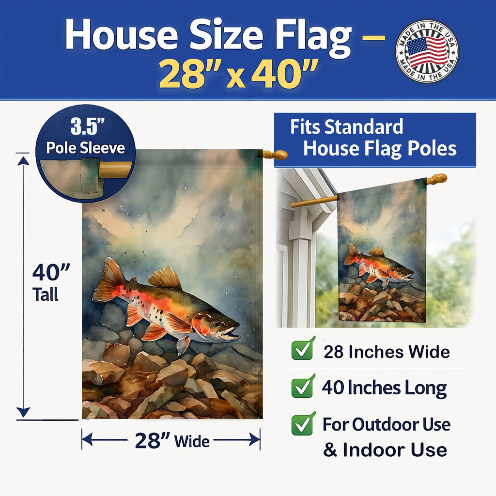 Brook Trout House Flag 28x40 Porch Sleeve Pole Decorative Outside Yard Banner Artwork Wall Hanging, Polyester