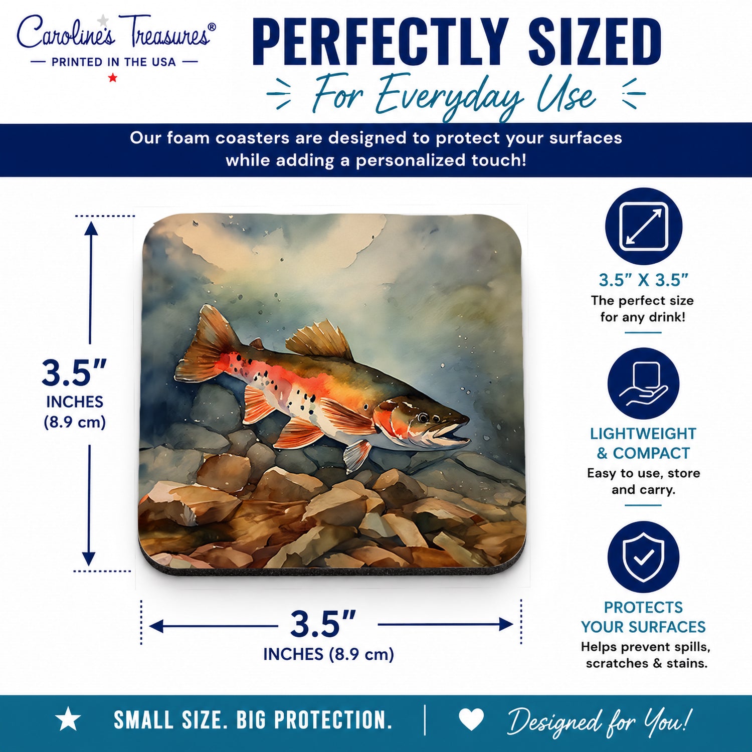 Brook Trout Foam Coasters Set of 4 Cup Coasters for Indoor Outdoor, Tabletop Protection, Anti Slip, Mouse pad Material