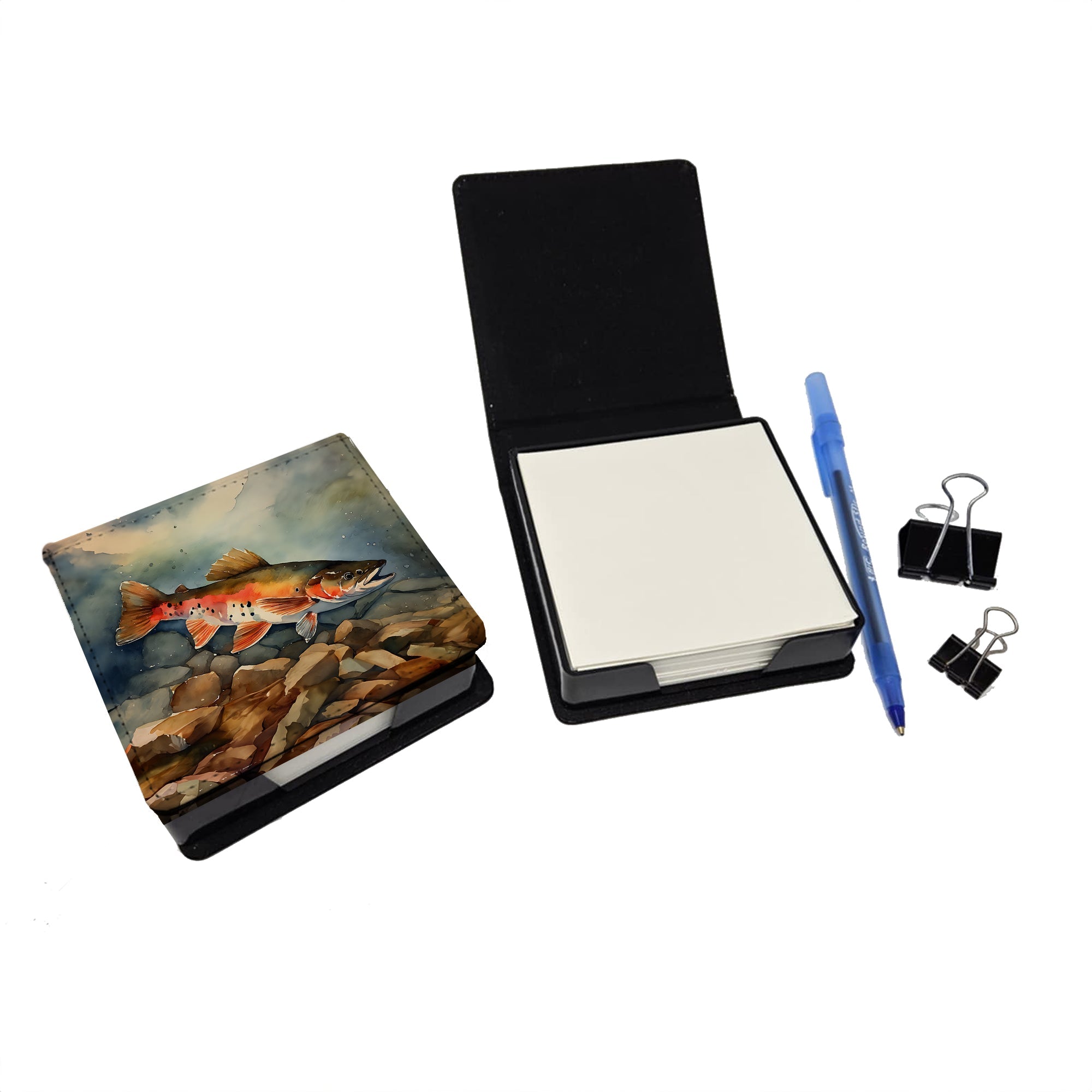 Brook Trout PU Leather Note Paper Holder with Artist-Designed Cover, Desk Accessory, Office Gift