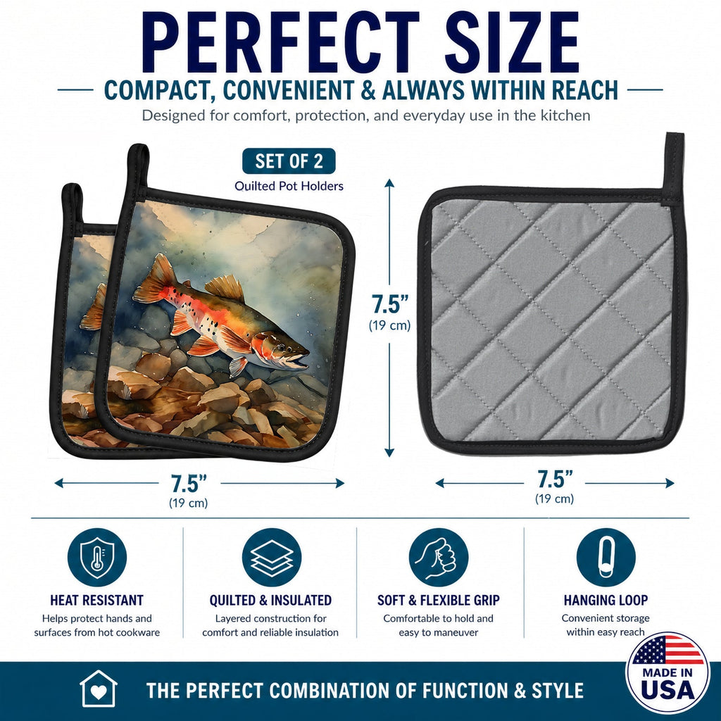 Brook Trout Pot Holder Set of 2 Heat Resistant Quilted Hot Pads 7.5 x 7.5 Inch, Insulated Kitchen Trivets for Cooking & Baking