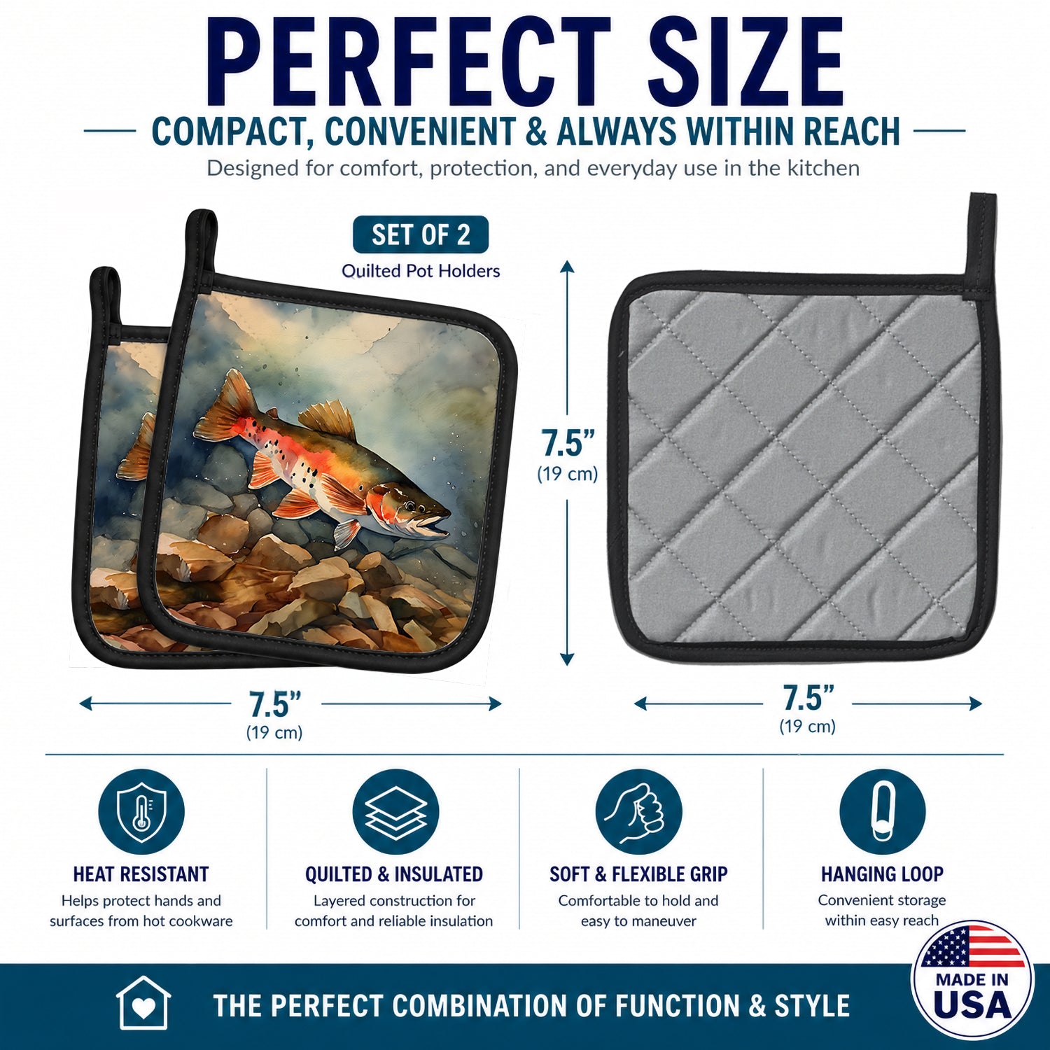 Brook Trout Pot Holder Set of 2 Heat Resistant Quilted Hot Pads 7.5 x 7.5 Inch, Insulated Kitchen Trivets for Cooking & Baking