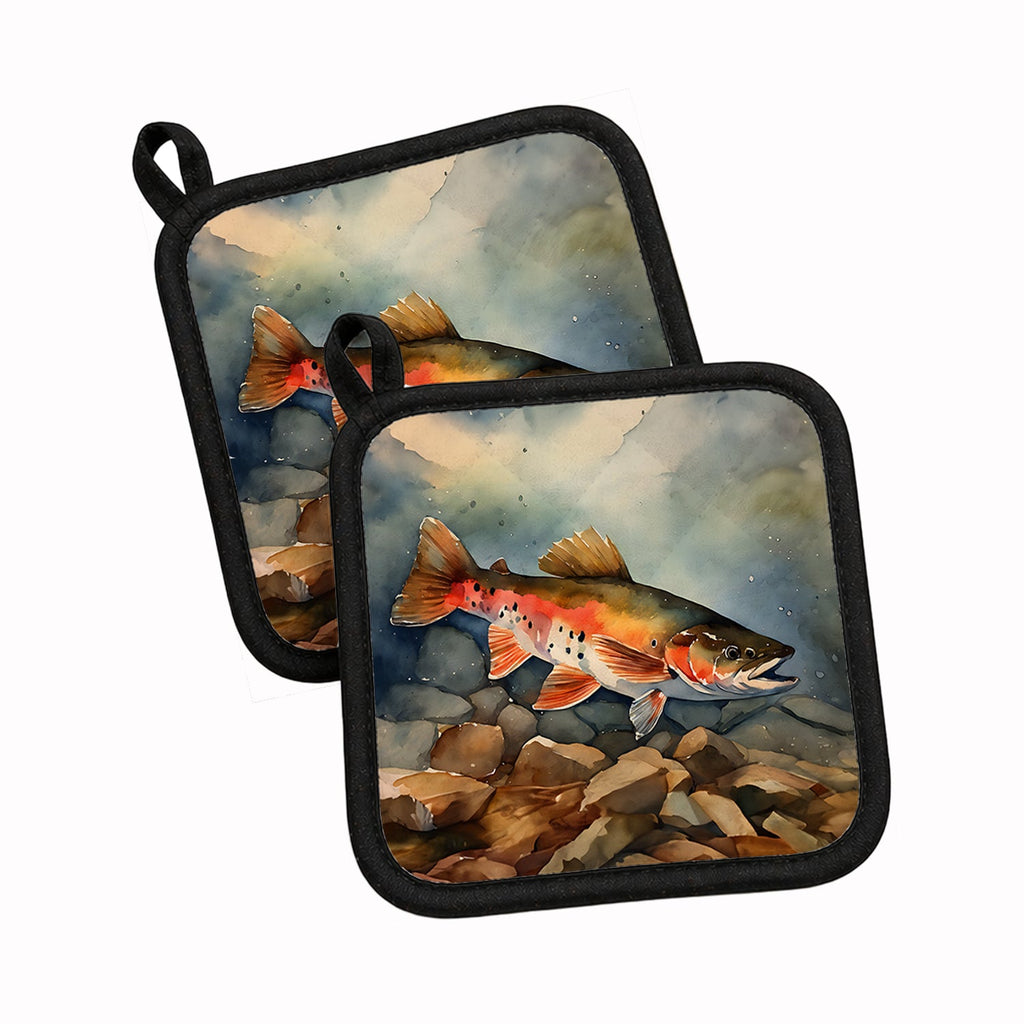 Brook Trout Pot Holder Set of 2 Heat Resistant Quilted Hot Pads 7.5 x 7.5 Inch, Insulated Kitchen Trivets for Cooking & Baking