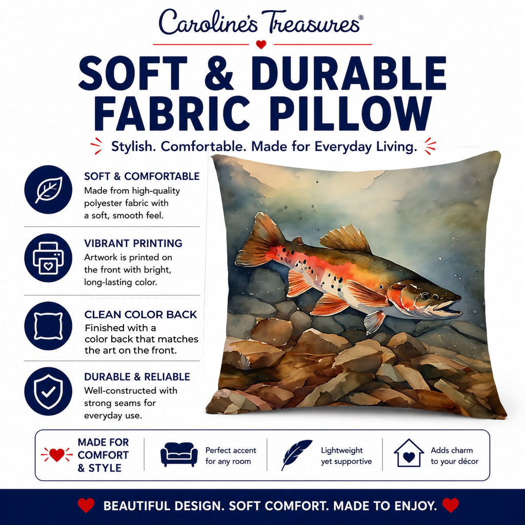 Brook Trout Decorative Throw Pillow 14x14 Indoor Outdoor Accent Cushion, Fabric Cover with Insert for Sofa, Bed, Porch & Living Room