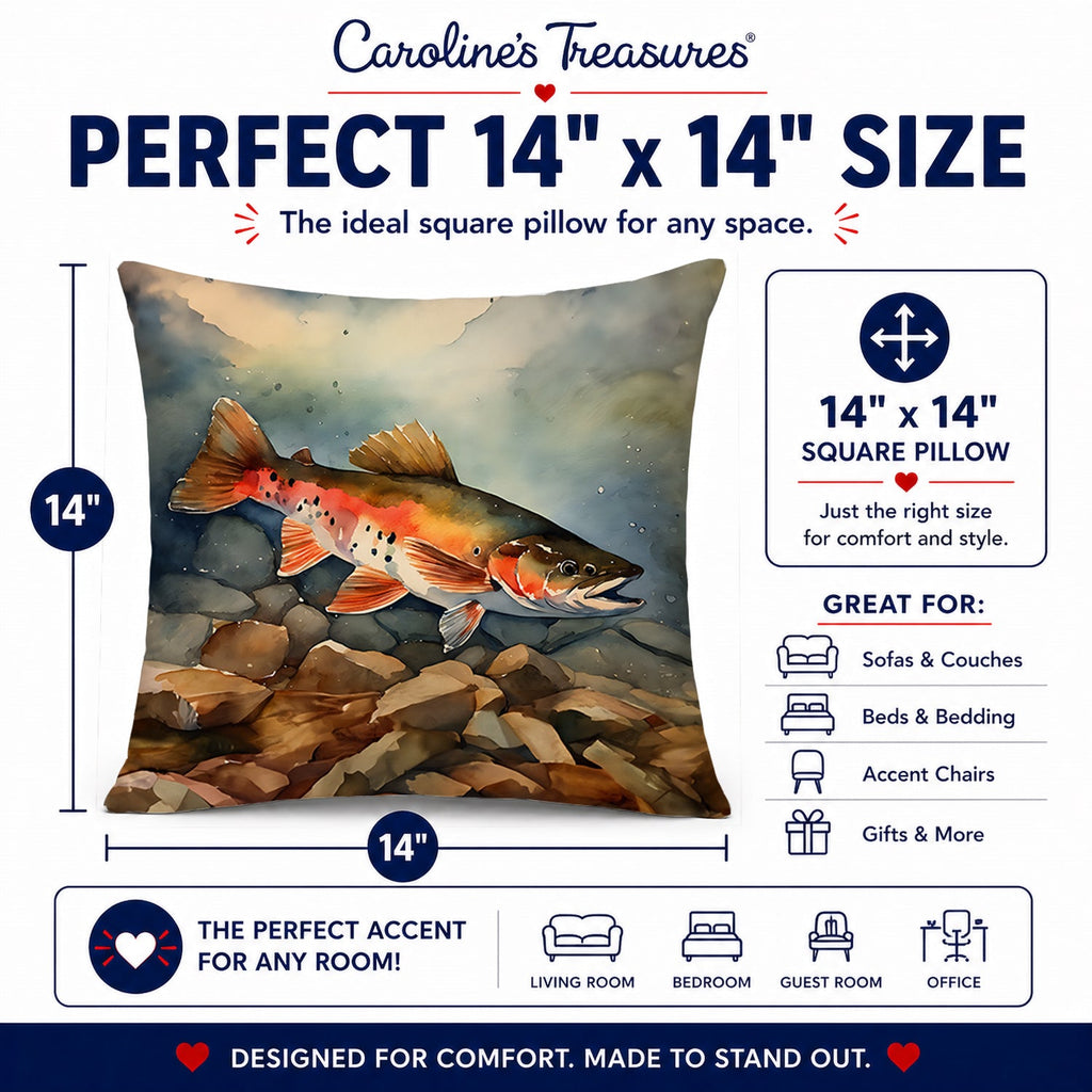 Brook Trout Decorative Throw Pillow 14x14 Indoor Outdoor Accent Cushion, Fabric Cover with Insert for Sofa, Bed, Porch & Living Room